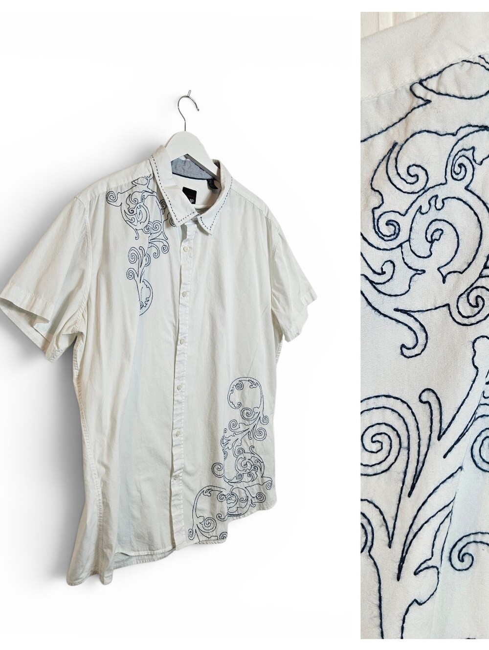 JF J Ferrar Y2K Tattoo Graphic Embroidered Button Up Shirt Men XXL